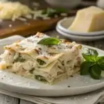 High-protein Alfredo lasagna slice with creamy sauce and basil
