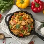 chicken fajita pasta in a skillet with fresh ingredients