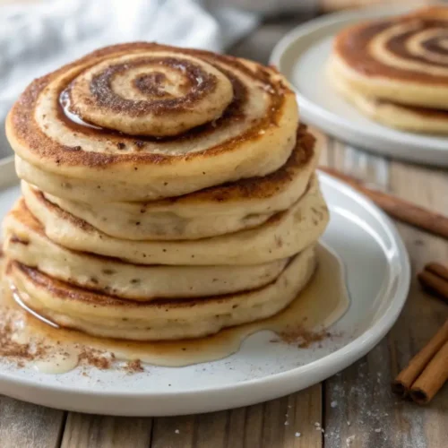 Stack of high-protein cinnamon swirl pancakes with cinnamon drizzle.