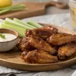Crispy sous vide chicken wings on a wooden plate with dipping sauce.