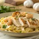 Creamy chicken and shrimp Alfredo on a plate.