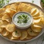 Golden cottage cheese chips on a plate with yogurt dip