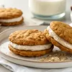 Healthy oatmeal creme pies stacked on a plate with creamy filling.