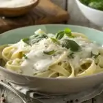 A bowl of creamy goat cheese pasta garnished with basil.