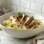 Blackened chicken alfredo served in a modern white bowl