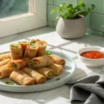 Crispy veggie egg rolls served with dipping sauce