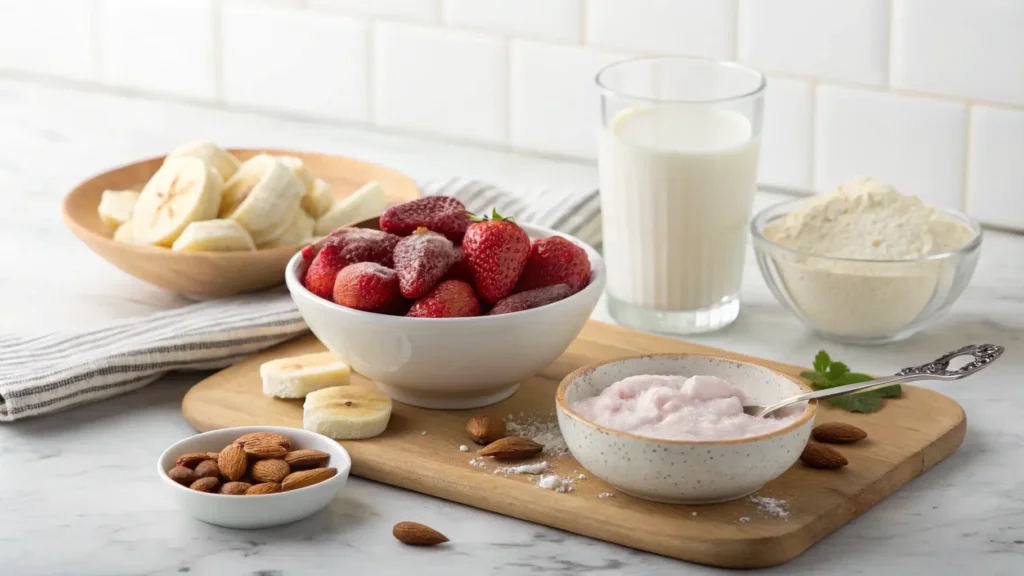 Ingredients for strawberry protein shake on a board
