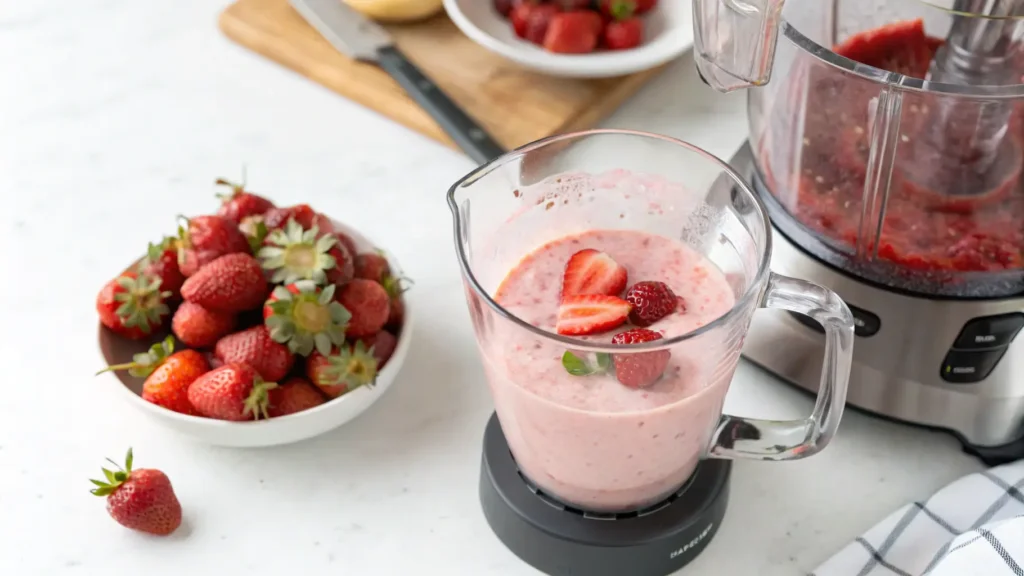 Blending a strawberry protein shake in a kitchen