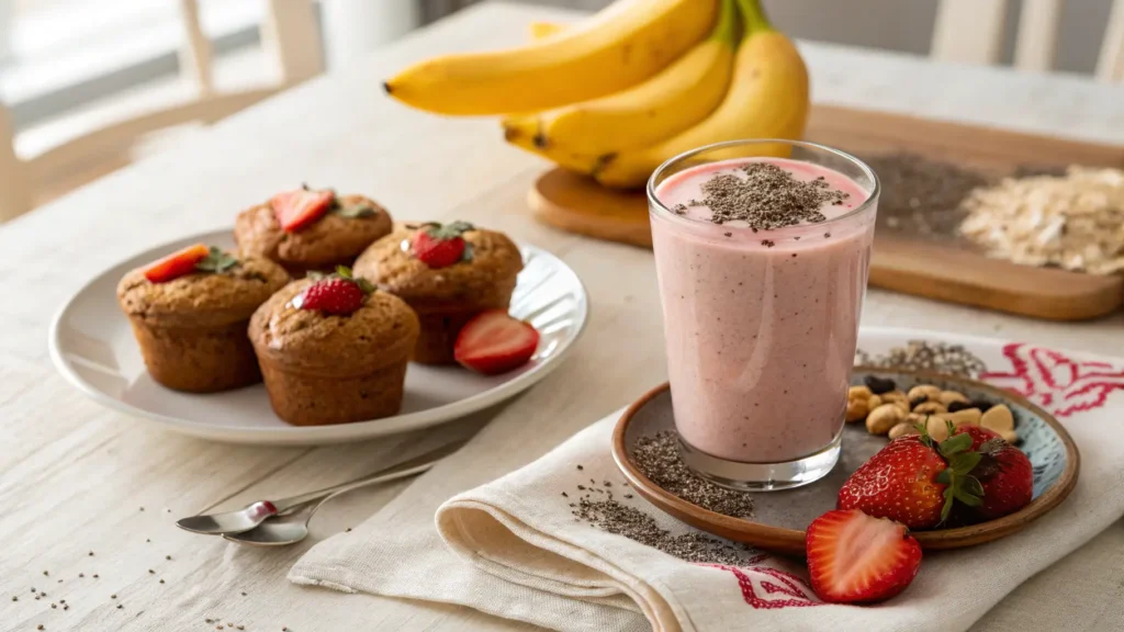 Strawberry protein shake with toppings and side snacks