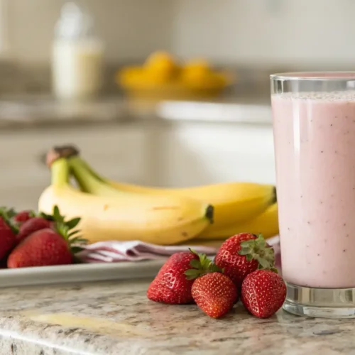 Strawberry protein shake in a glass with fresh fruit