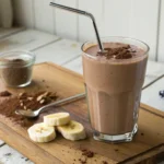 Chocolate peanut butter protein shake in a glass