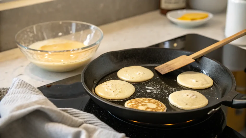 Flipping fluffy mini pancakes on a non-stick skillet