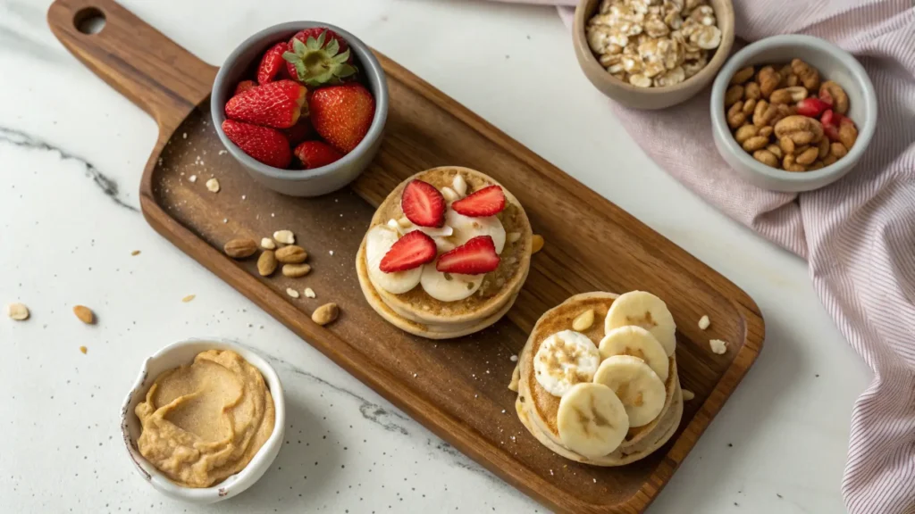 Three realistic mini pancake plates with unique toppings