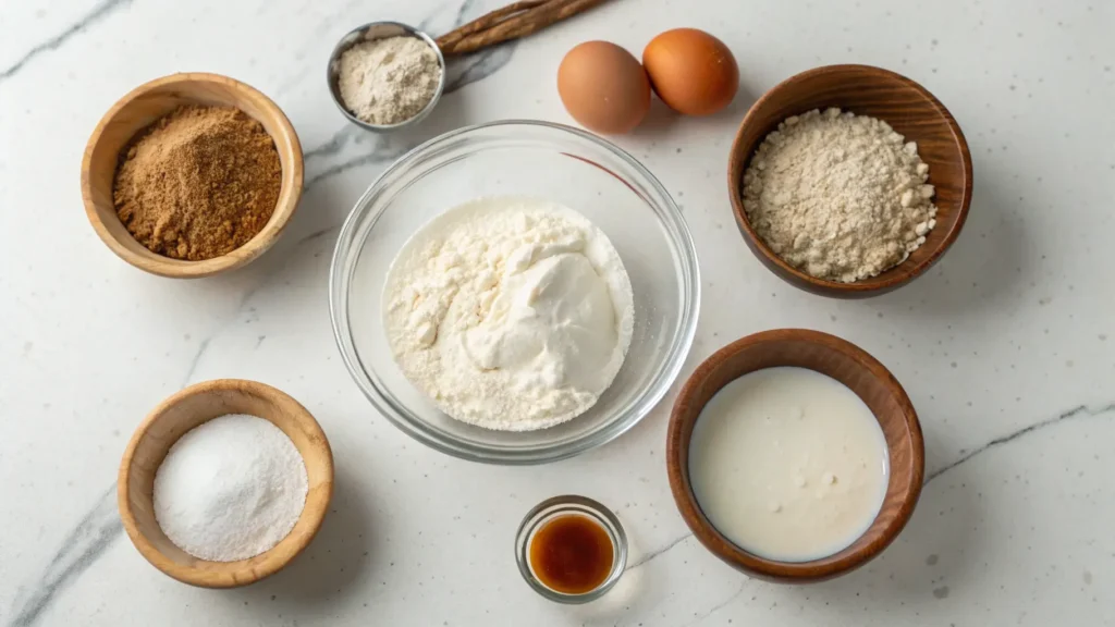 Clean top-down image of core mini pancake ingredients
