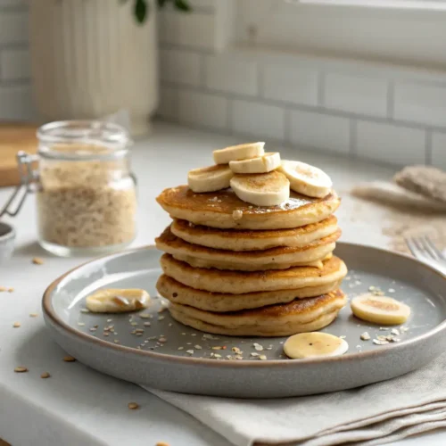 Golden mini pancakes with banana and peanut butter on a ceramic plate